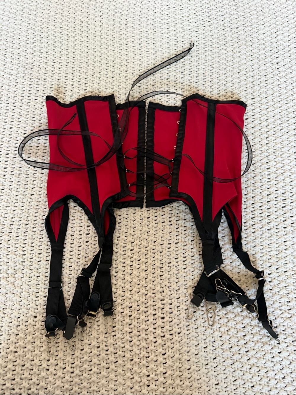 Vintage Catherine Coatney Red Black Corset Garter Belt Y2K Goth Medium